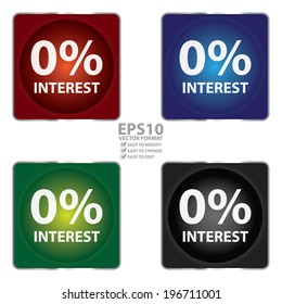 Vektorgrafik: Farbvoller quadratischer Glossy-Stil 0 % Interest-Symbol, Button, Sticker oder Etikett einzeln auf weißem Hintergrund