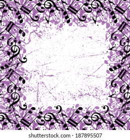 Vector colorful squared framing with black musical notes on a frayed background.