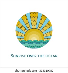 Vector colorful stained-glass window style illustration of sunrise over the ocean. Stylized mosaic logo sunset over the sea. Sunrise over the waves icon.
