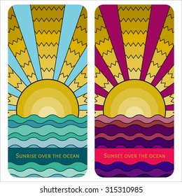 Vector colorful stained-glass window style illustration of sunrise over the ocean. Stylized mosaic background sunset over the sea. Sunrise over the waves banner template for your design. Cover design.