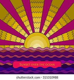 Vector colorful stained-glass window style illustration of sunrise over the ocean. Stylized mosaic background sunset over the sea. Sunrise over the waves template for your design.