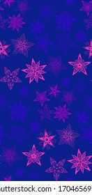 Vector Colorful Star Snowflakes on Navy Blue seamless pattern background.