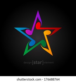 Vector colorful Star with wavy notes on black background. Corporate logotype template.