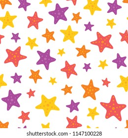 Vector Colorful Starfish on White Seamless Pattern Background. Perfect for fabric, scrapbooking, kids, stationary, and home decor projects.