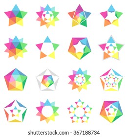 Vector colorful stars and polygons isolated on white background.