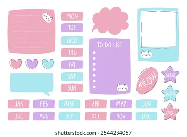 Vector colorful stationery set with cats. To-do list, planners, bookmarks, frames, stickers