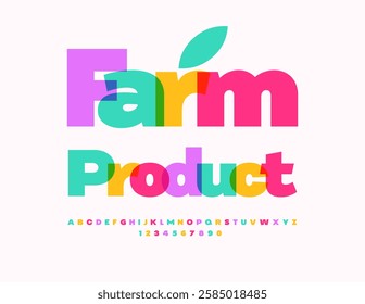 Vector Colorful sticker Farm Product. Transparent Watercolor Font. Decorative Alphabet Letters and Numbers