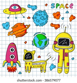 Vector colorful stickers of astronaut, planets, ufo, rocket, cosmo cat and asteroids on white background.
