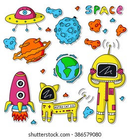 Vector colorful stickers of astronaut, planets, ufo, rocket, cosmo cat and asteroids on white background.
