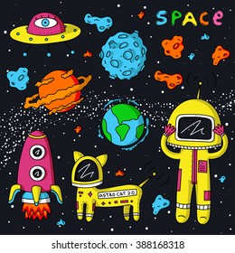 Vector colorful stickers of astronaut, planets, constellations, stars, cosmo cat and asteroids on dark background.