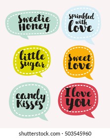 Vector Colorful Stickers, Happy Valentine's Day Greeting Cards Set. Hand Drawn Lettering Element. Sweetie Honey, Sprinkled With Love. I Love You, Little Sugar, Sweet Love, Candy Kisses. Bubble Speach