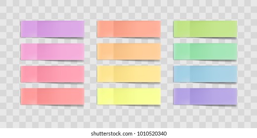 Vector colorful sticky notes, post stickers with shadows isolated on a transparent background. Multicolor paper adhesive tape, rectangle empty office blanks, reminder lists. Great for banner