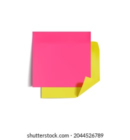 Notas pegajosas de color vectorial, pegatinas de memoria amarilla y rosa aisladas en fondo blanco, forma cuadrada, esquina doblada, plantilla de marco en blanco, papeles 3D.