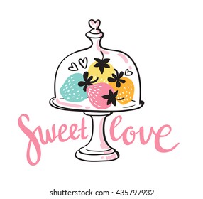 Vector colorful strawberry desert card with stylish lettering - sweet love. Poster with hand drawn strawberries. Natural card with garden fruits