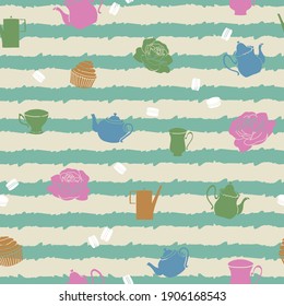 Vector colorful stripe garden tea party seamless pattern background. Perfect for fabric, scrapbooking, wallpaper projects, wrap paper. 
