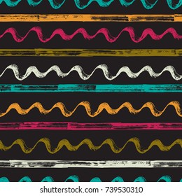 Vector Colorful Striped Background. Brushstrokes Seamless Pattern. Wavy lines and Straight lines. Grunge paint brush strokes