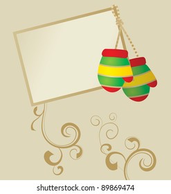 vector colorful striped mittens and golden frame with flourishes
