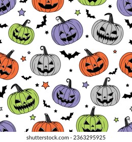 Vector Colorful Style Scary Halloween pumpkins Seamless Pattern with stars and Bats Vintage Style Creepy Pumpkins Repeatable and Printable Texture Happy Halloween Trick or Treat Wallpaper Design.