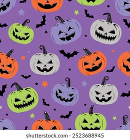 Vector Colorful Style Scary Halloween pumpkins Seamless Pattern with stars and Bats Vintage Style Creepy Pumpkins Repeatable and Printable Texture Happy Halloween Trick or Treat Wallpaper Design.