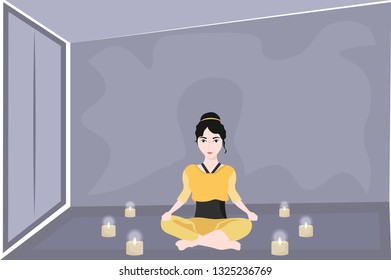 Vector colorful stylish illustration of lonely cute attractive young adult girl or woman setting in yoga lotus pose inside a circle of candles and meditating, relaxating in an empty room of flat.