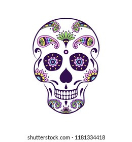 Vector colorful sugar skull with doodle floral pattern. Illustration for Mexican Day of the Dead Celebration Festival. Dia de Muertos sugar skull