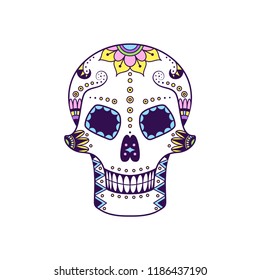 Vector colorful sugar skull with doodle floral pattern. Illustration for Mexican Day of the Dead Celebration Festival. Dia de Muertos sugar skull