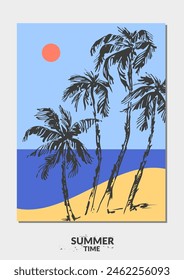 Vector colorful summer background, tropical landscape with palm trees, sun, beach, sea coast. For travel and vacation design, beach, swimming, hotel resort. Modern abstract minimalist flyer.