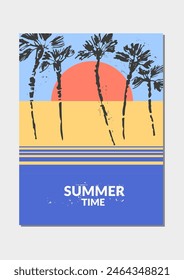 Vector colorful summer background, tropical landscape with palm trees, sun, beach, sea coast. For travel and vacation design, beach, swimming, hotel resort. Modern abstract minimalist flyer.
