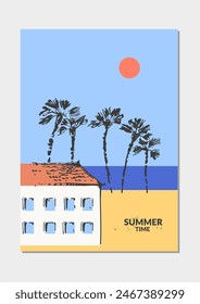 Vector colorful summer background, tropical landscape with palm trees, sun, beach, sea coast. For travel and vacation design, beach, swimming, hotel resort. Modern abstract minimalist flyer.