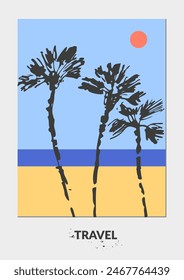 Vector colorful summer background, tropical landscape with palm trees, sun, beach, sea coast. For travel and vacation design, beach, swimming, hotel resort. Modern abstract minimalist flyer.