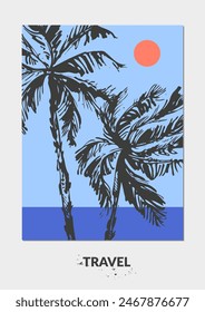 Vector colorful summer background, tropical landscape with palm trees, sun, beach, sea coast. For travel and vacation design, beach, swimming, hotel resort. Modern abstract minimalist flyer.