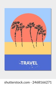 Vector colorful summer background, tropical landscape with palm trees, sun, beach, sea coast. For travel and vacation design, beach, swimming, hotel resort. Modern abstract minimalist flyer.