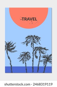 Vector colorful summer background, tropical landscape with palm trees, sun, beach, sea coast. For travel and vacation design, beach, swimming, hotel resort. Modern abstract minimalist flyer.