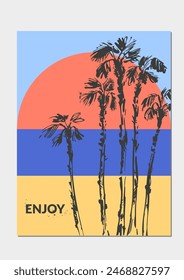 Vector colorful summer background, tropical landscape with palm trees, sun, beach, sea coast. For travel and vacation design, beach, swimming, hotel resort. Modern abstract minimalist flyer.