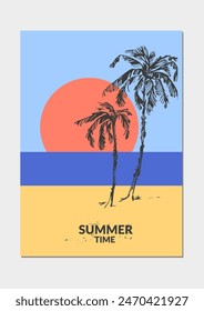 Vector colorful summer background, tropical landscape with palm trees, sun, beach, sea coast. For travel and vacation design, beach, swimming, hotel resort. Modern abstract minimalist flyer.