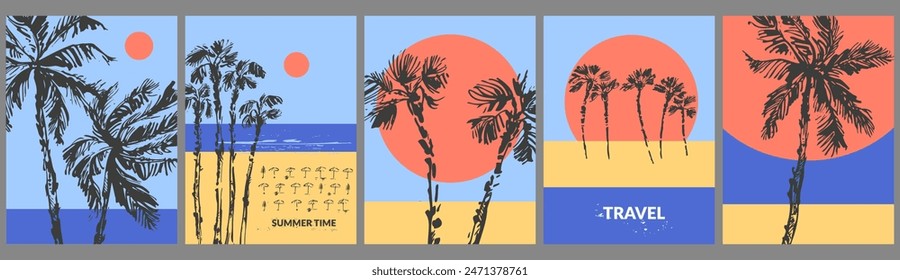 Vektorgrafik farbenfroher Sommerhintergrund, tropische Landschaft mit Palmen, Sonne, Strand, Meeresküste. Für Reise-und Urlaubsdesign, Strand, Schwimmen, Hotel Resort. Moderner abstrakter minimalistischer Flyer.