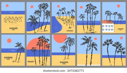 Vector colorful summer background, tropical landscape with palm trees, sun, beach, sea coast. For travel and vacation design, beach, swimming, hotel resort. Modern abstract minimalist flyer.