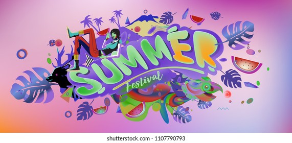 Vector colorful summer banner. Illustration tropical background for summer festival. Summer sale promotion banner and poster.
