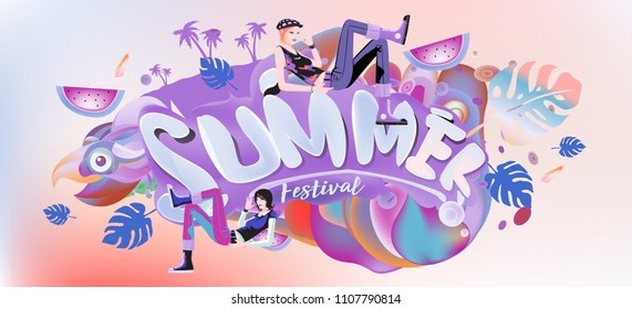 Vector colorful summer banner. Illustration tropical background for summer festival. Summer sale promotion banner and poster.