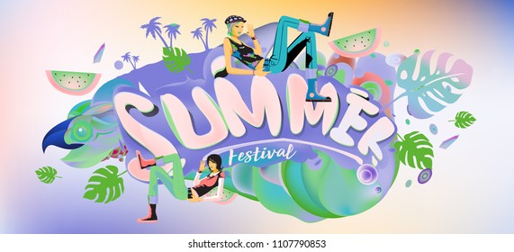 Vector colorful summer banner. Illustration tropical background for summer festival. Summer sale promotion banner and poster.