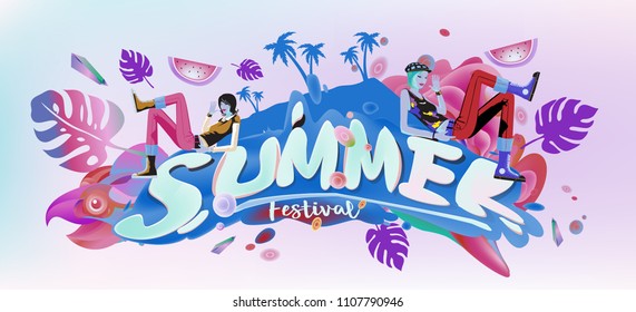 Vector colorful summer banner. Illustration tropical background for summer festival. Summer sale promotion banner and poster.