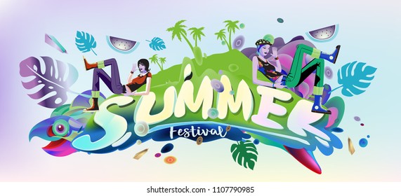 Vector colorful summer banner. Illustration tropical background for summer festival. Summer sale promotion banner and poster.