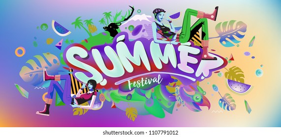 Vector colorful summer banner. Illustration tropical background for summer festival. Summer sale promotion banner and poster.