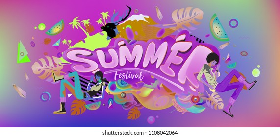 Vector colorful summer banner. Illustration tropical background for summer festival. Summer sale promotion banner and poster.