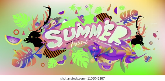 Vector colorful summer banner. Illustration tropical background for summer festival. Summer sale promotion banner and poster.