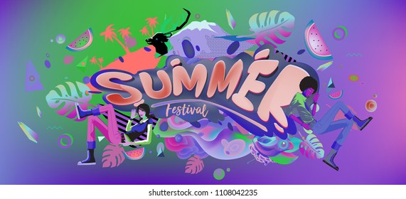 Vector colorful summer banner. Illustration tropical background for summer festival. Summer sale promotion banner and poster.