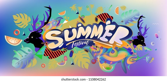 Vector colorful summer banner. Illustration tropical background for summer festival. Summer sale promotion banner and poster.