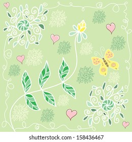 Vector colorful summer floral pattern on green background