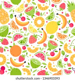 Vector colorful summer fruits and berries seamless pattern. Summer fruits for healthy lifestyle. Vector flat cartoon illustration on white background.
