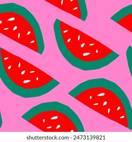 Vector Colorful summer pattern of fresh ripe watermelon slices. Minimal trendy sunlight fruit concept on pink background.Cut out of paper by hand.Cute berries.Round big delicious.Vacation,beach EPS 10